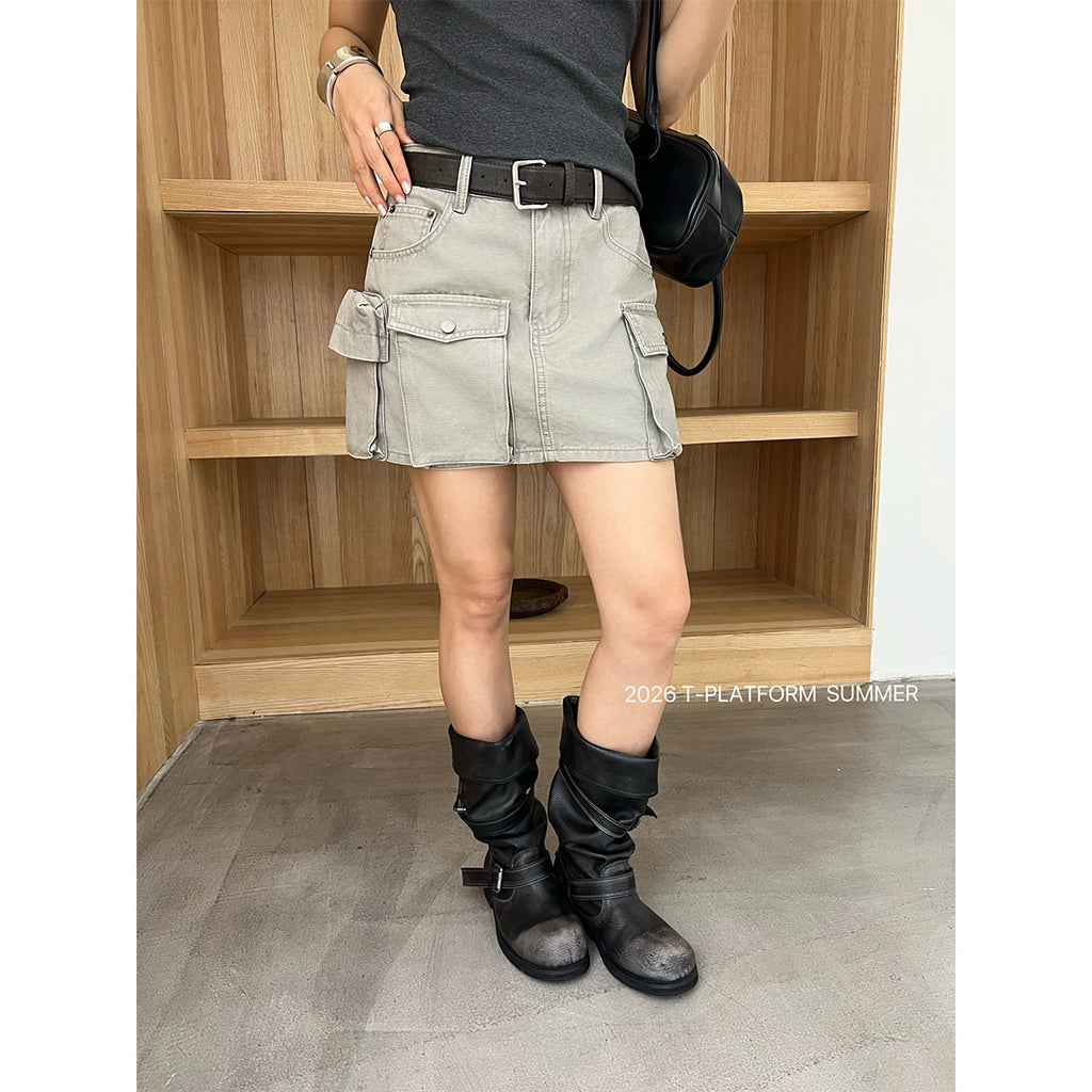 T-Stage/T-PLATFORM American Hot Girl Multi Pocket Retro Half Skirt Summer A-line Cowboy Work Dress 68022