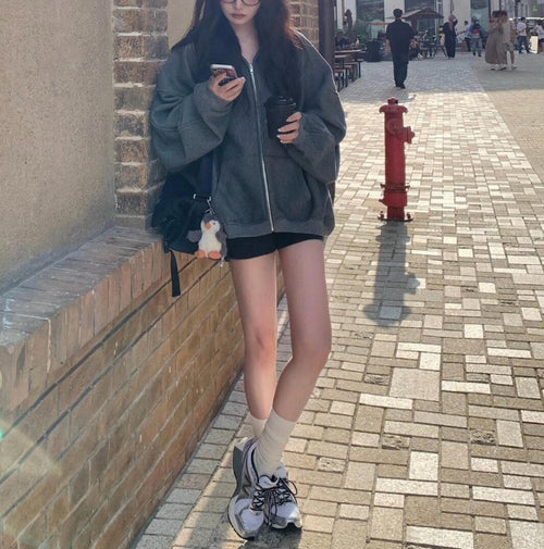 American street loose slimming hooded jacket for women 2024 autumn and winter new collection lazy style fashionable thick hoodie for women's fashion trend