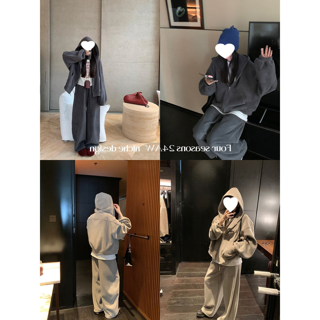 Ouyang hooded sweatshirt jacket for women in winter with thick velvet and lazy style, casual and loose American retro top