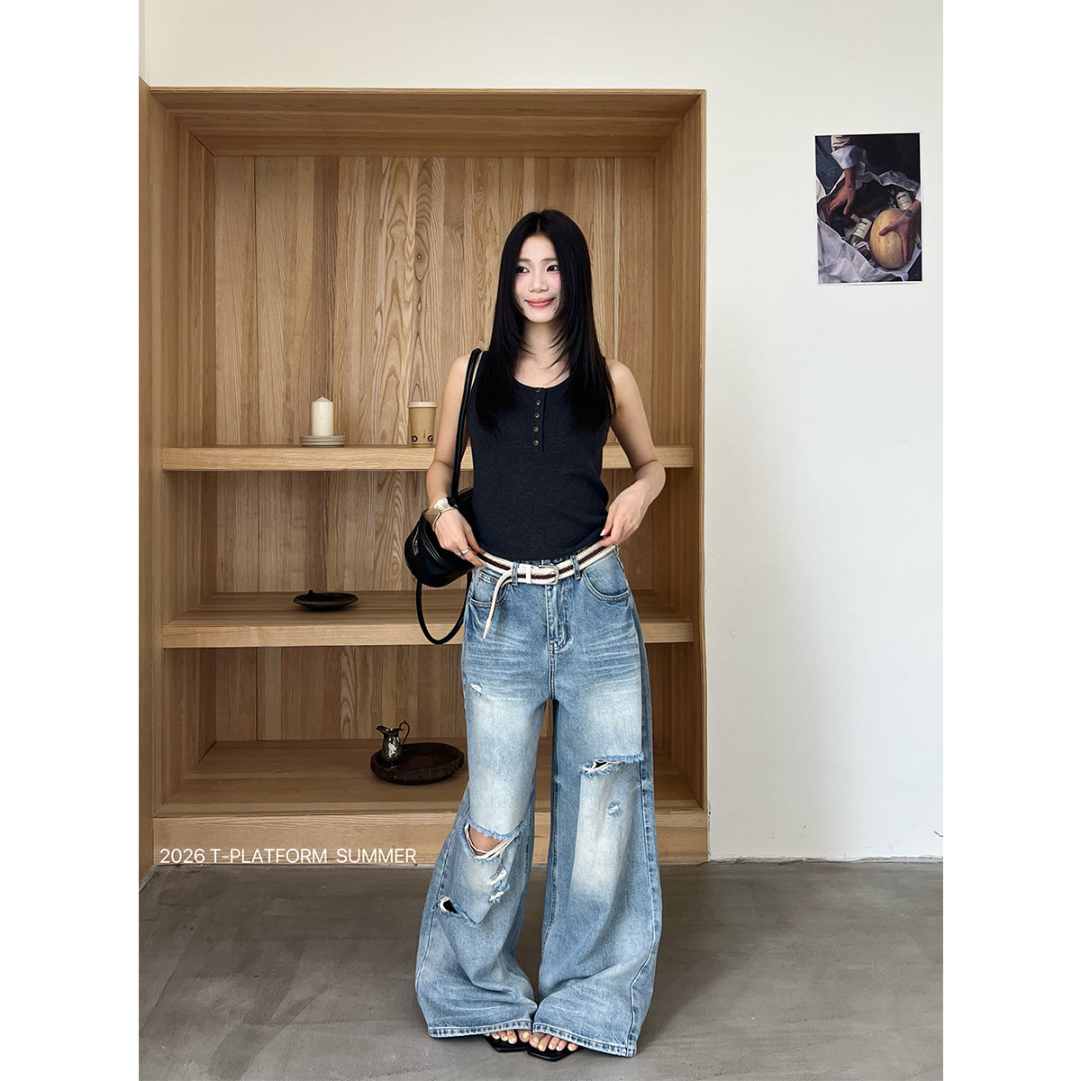 T-table/T-PLATFORM American ripped jeans for women's summer design sense, wide leg pants made in vintage blue 68379