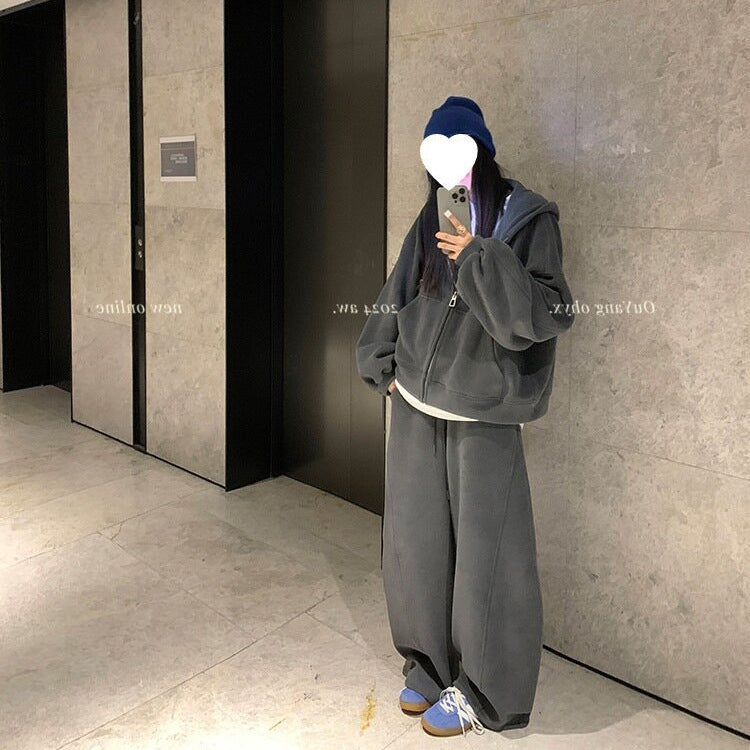 Ouyang hooded sweatshirt jacket for women in winter with thick velvet and lazy style, casual and loose American retro top