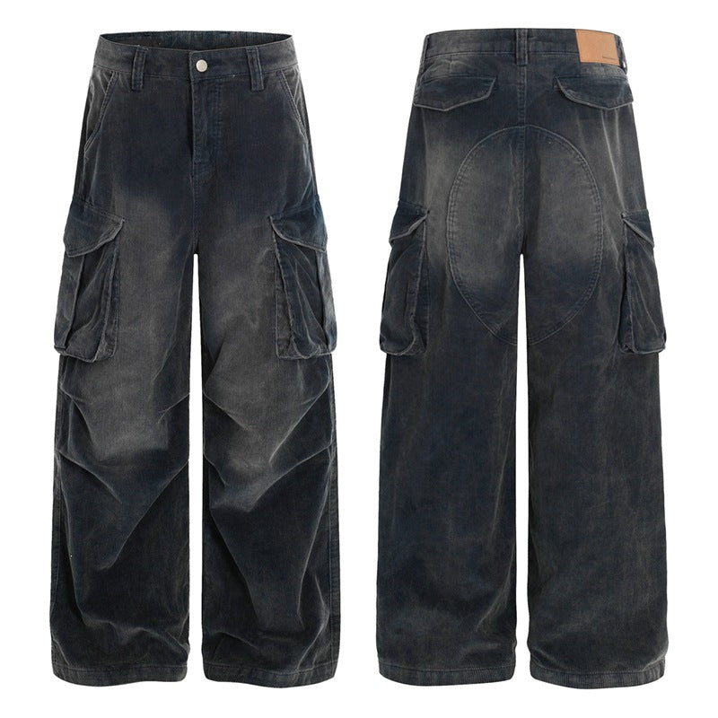 DC+American retro workwear wide leg jeans, men's and women's distressed multi pocket loose wide leg pants, black pants