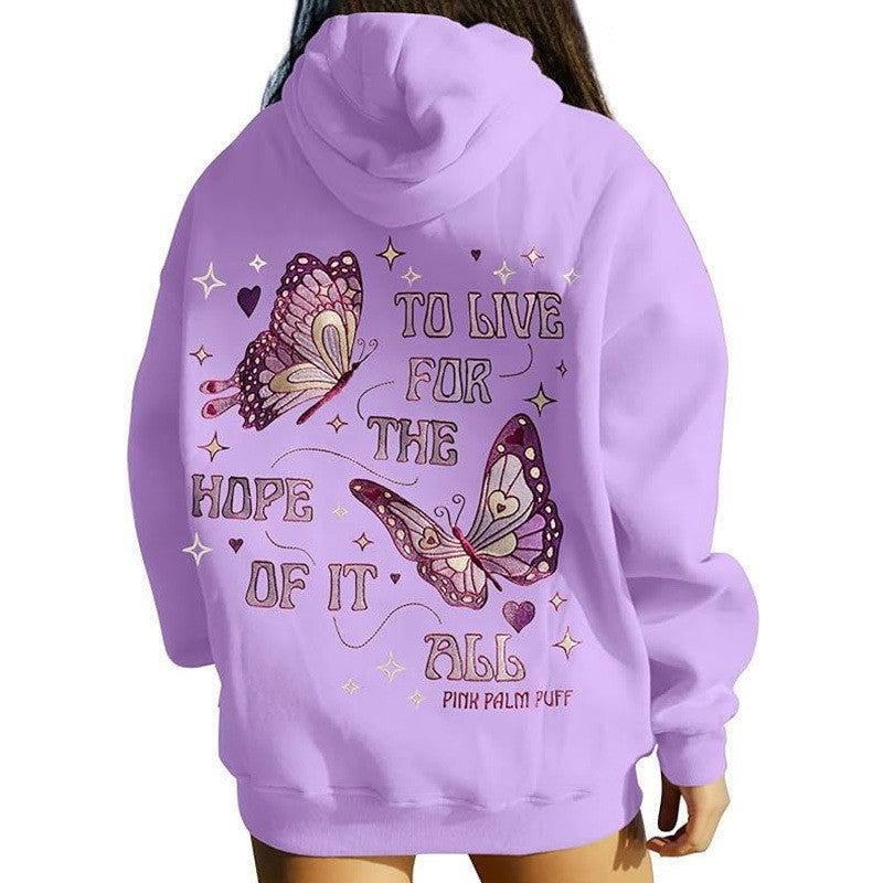 Butterfly Letter Embroidery Oversized Drop Shoulder Hoodie, Women Vintage Inspirational Graphic Casual Sweatshirt